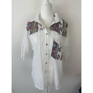 South Western White Lightweight Aztec Women Linen ShortSleeve ButtonDown Size M